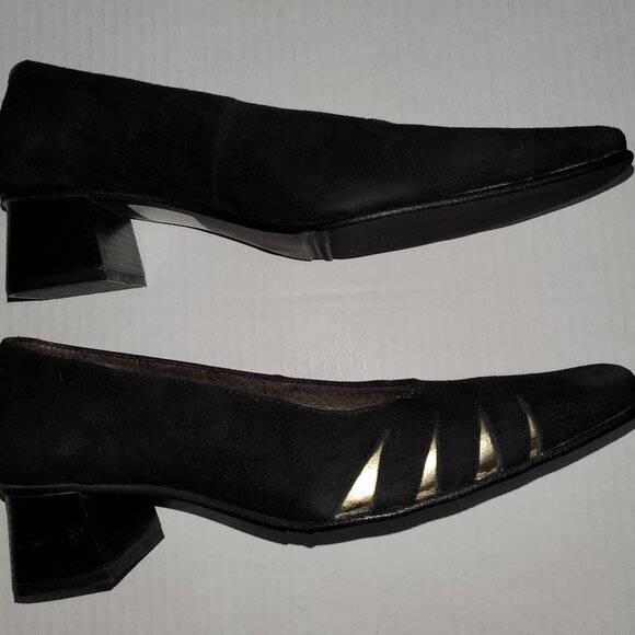 Black Suede Pump w/ Gold Trim, Block Heel, and Square Toe - Picture 4 of 12